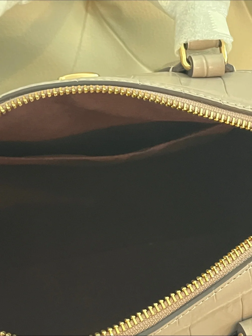 Coach Pebbled Leather Satchel Crossbody Light Taupe Gold Hardware Eye Catching